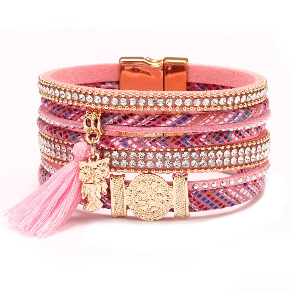 Wholesale Diamond-studded Bohemian Tassel Colorful Magnetic PU Leather Bracelet